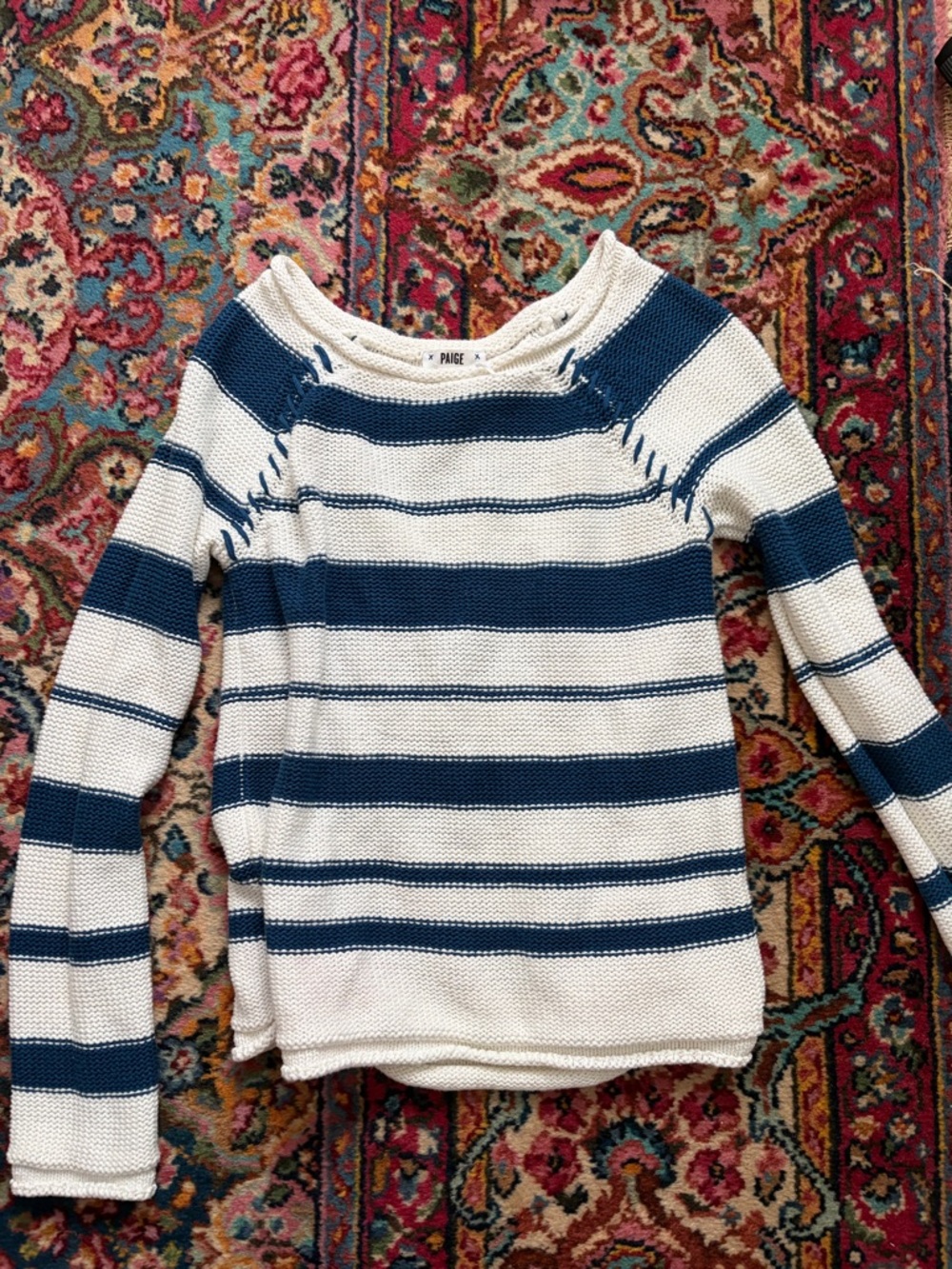 PAIGE Cream and Navy Striped Crewneck Sweater